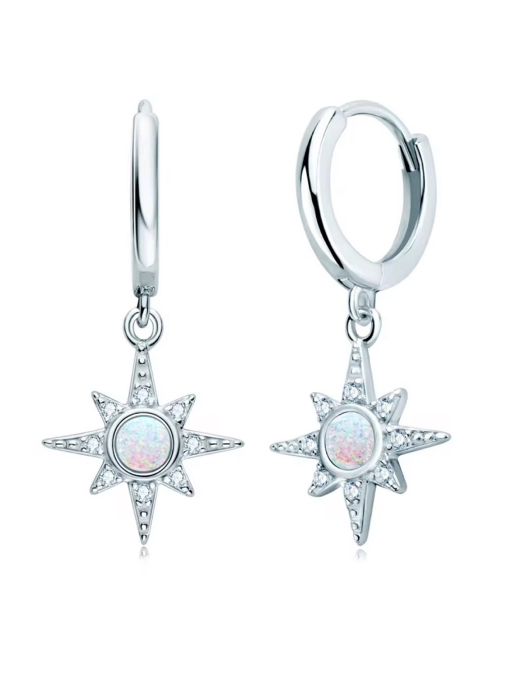 925 Sterling Silver Starburst Opal Hoop Earrings
